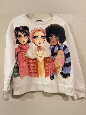 ZARA Graphic Girls Sweatshirt Cream Oversized Crewneck Artsy Boho- Size L